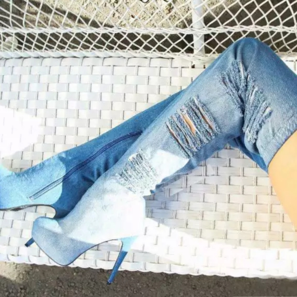 Jean knee high heel boots